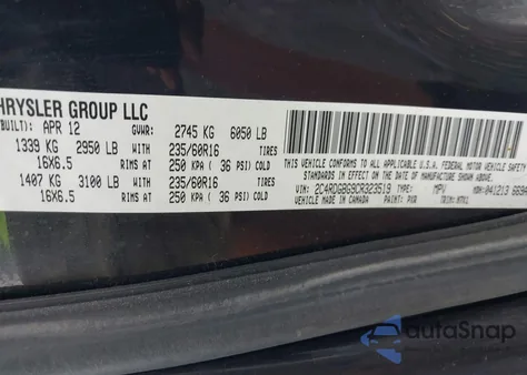 2012 Dodge Grand Caravan Se/Avp z USA, uszkodzony, nr VIN 2C4RDGBG9CR323519